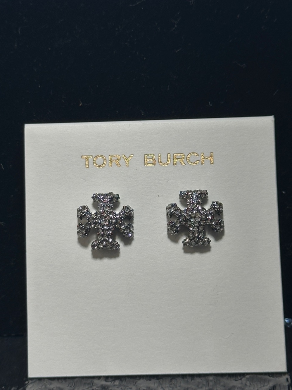 Tory Burch Silver Crystal Logo Stud Earrings - Picture 2 of 3